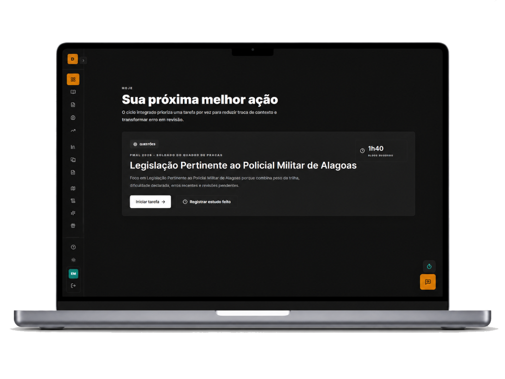 Dashboard do Decifra no MacBook com a próxima melhor ação de estudo